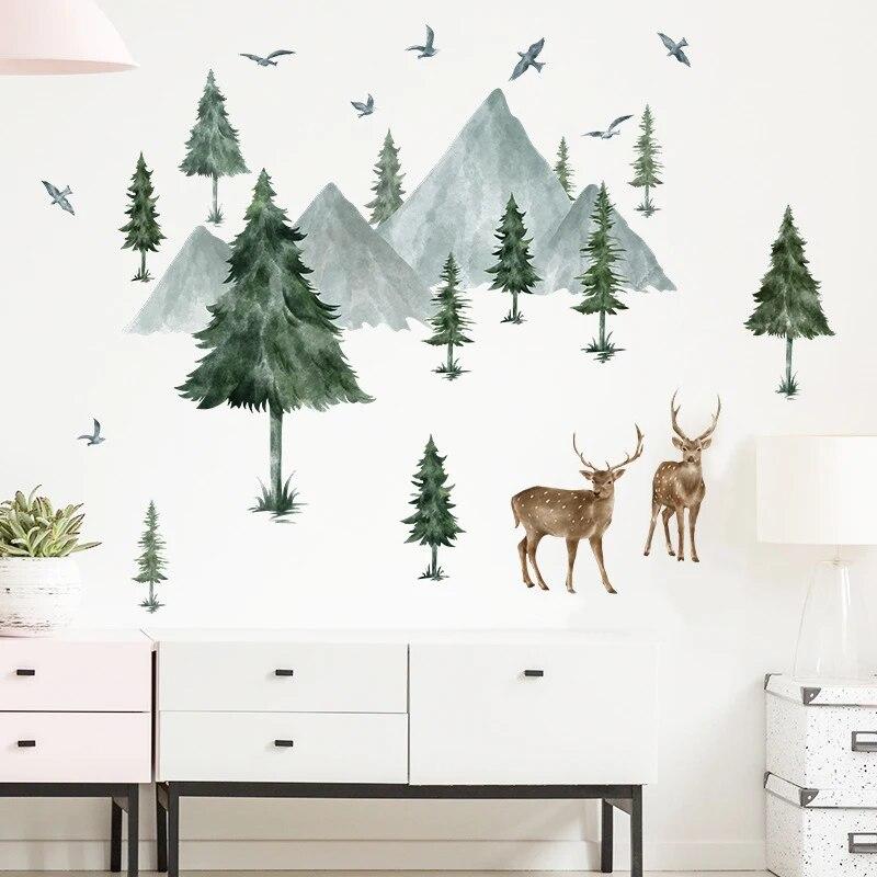 

Лесные животные, горное зеленое дерево, птица, олень, наклейки на стену для детских комнат, детская спальня, украшение для детской комнаты, наклейки на стены