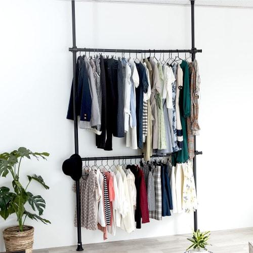 Black Tension Hanger Rack, Wall-Mounted Storage for Clothes, Clothing Storage, Indoor Drying, Closet Tension Rod, Adjustable Height and Width, Tension