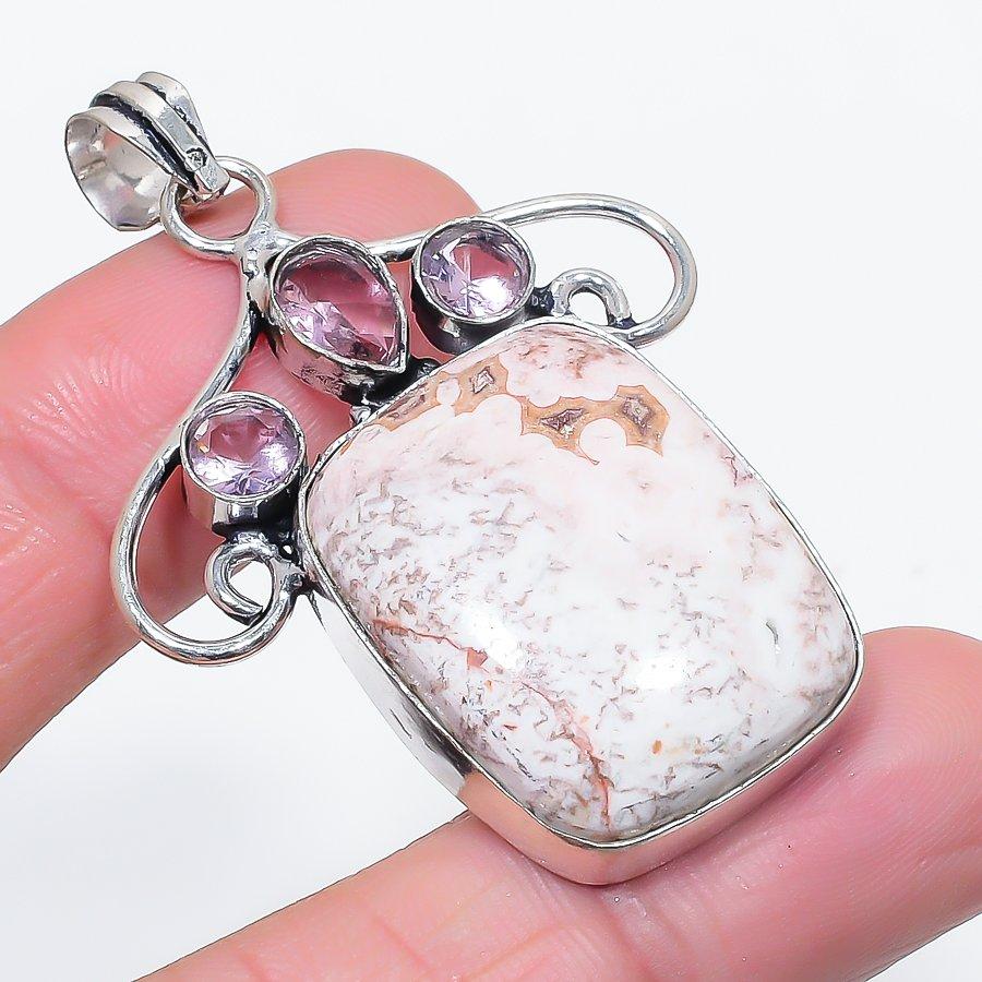 Natural Laguna Lace Agate, Kunzite 925 Sterling Silver Pendant 2.17" d1N24