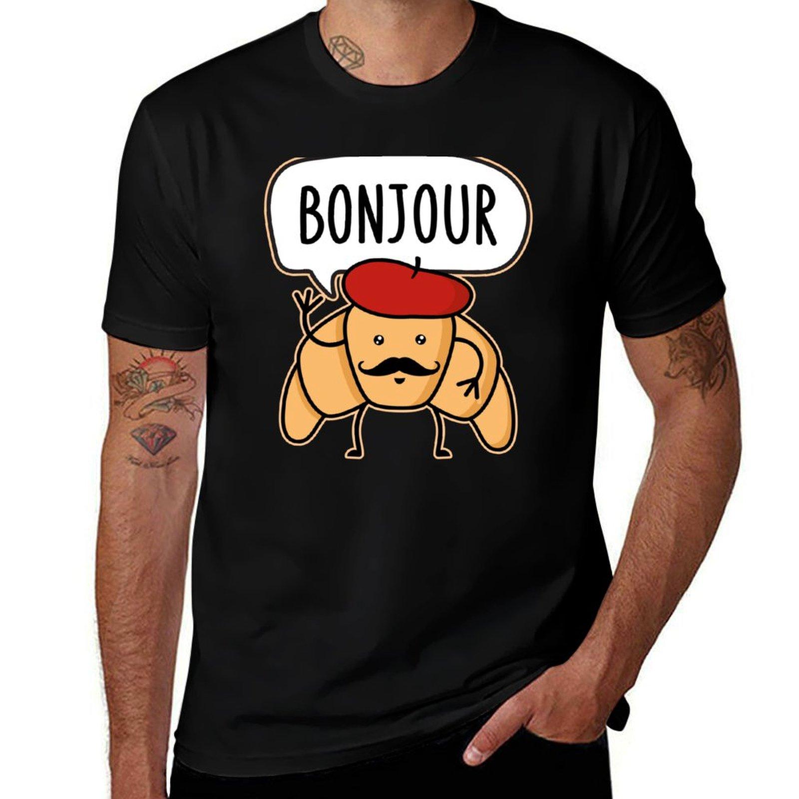 

Bonjour Kawaii Croissant With Mustache And Beret Hat T-Shirt summer 2025 clothes Man t-shirt mens graphic t-shirts pack 4XL