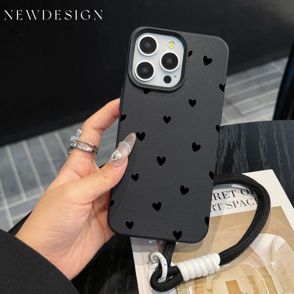INS Love Heart Luxury Cute Phone Chain Lanyard Case For iPhone 17 16 15 14 13 12 Pro Max 11 Plus Shockproof Lichee Pattern Funda