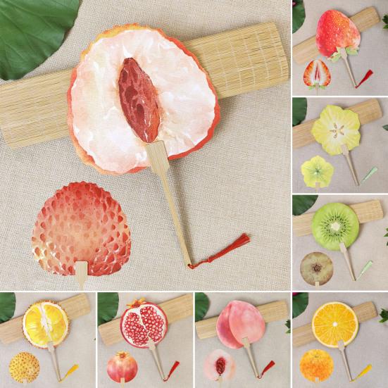 Fruit Print Fan with Wooden Long Handle Portable Lightweight Outdoor Travel Camping