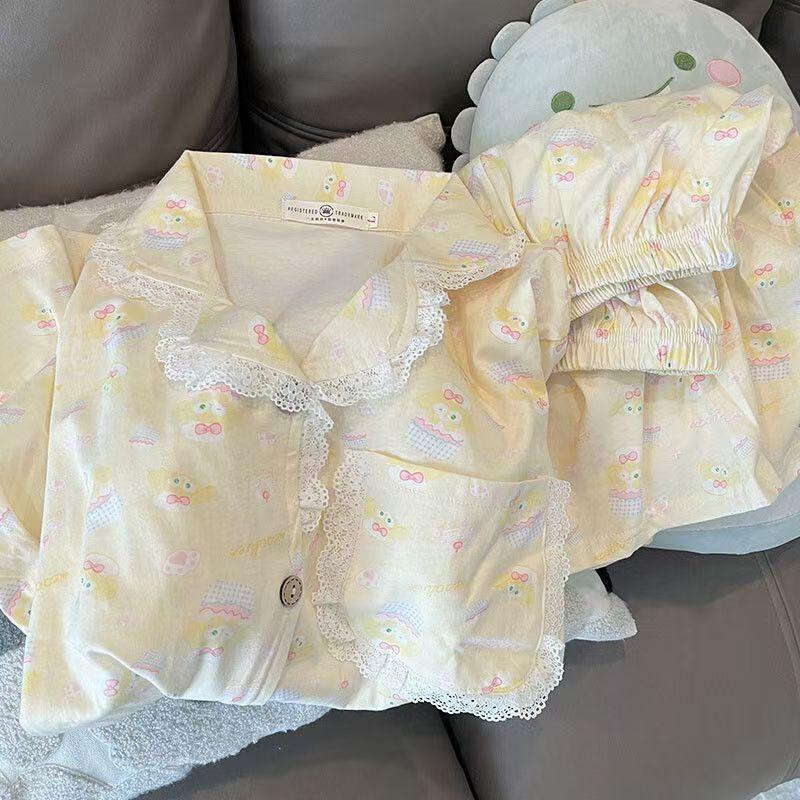 Sweet butter cake cartoon pajamas women s summer short-sleeved shorts lace lace two-piece set soft cute loungewear S