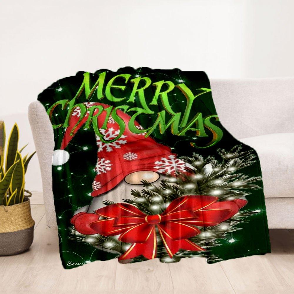 "Merry Christmas Gnome with Red Bow Decoration"Blanket Flannel Throw Blanket for Sofa, Bed, Travel, Camping, Office