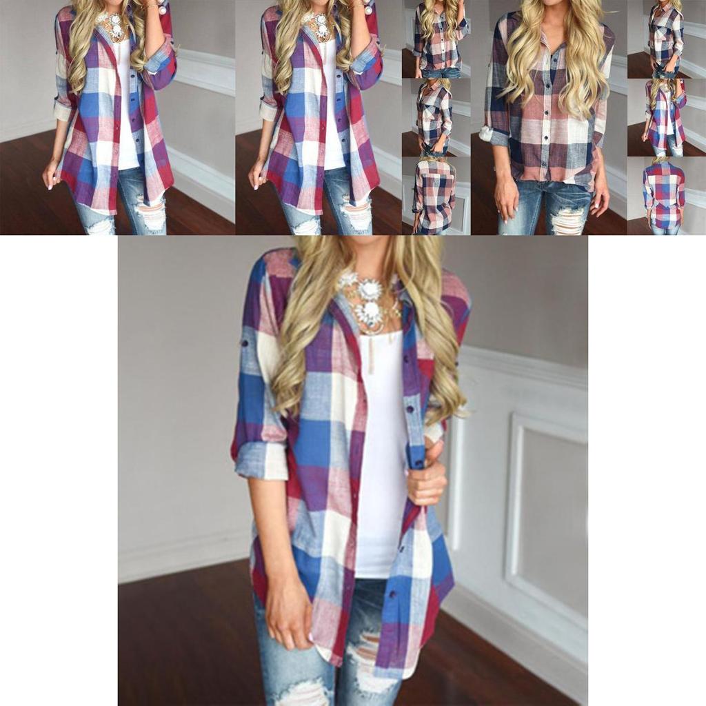 Women Long Sleeve Plaid Linen Shirt With Turndown Collar For Casual Office Wear