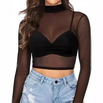 Crop top da donna a maniche lunghe in rete trasparente