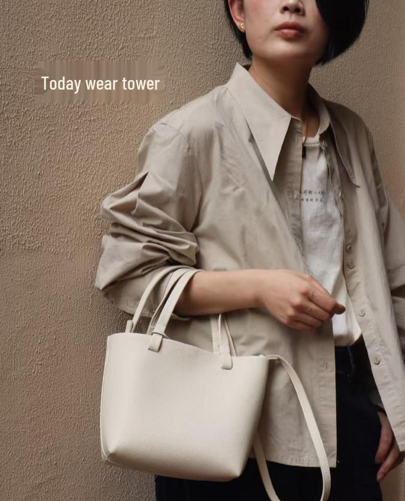 The Row Genuine Leather Small Tote Bag - Large Capacity, Lychee Pattern, Shoulder/Crossbody/Underarm Styles.