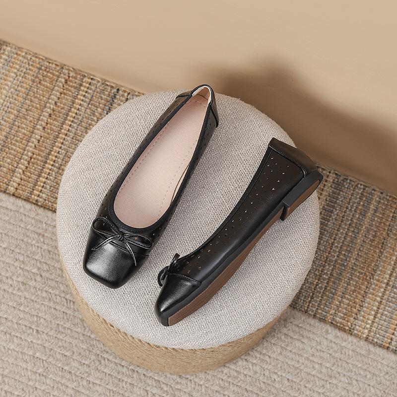 Fashion Women Simple and Elegant Daily Hollow Square Toe Ballet Flats Plus Size Solid Color Bow-Knot Slip-On Comfortable Mary Jane Shoes