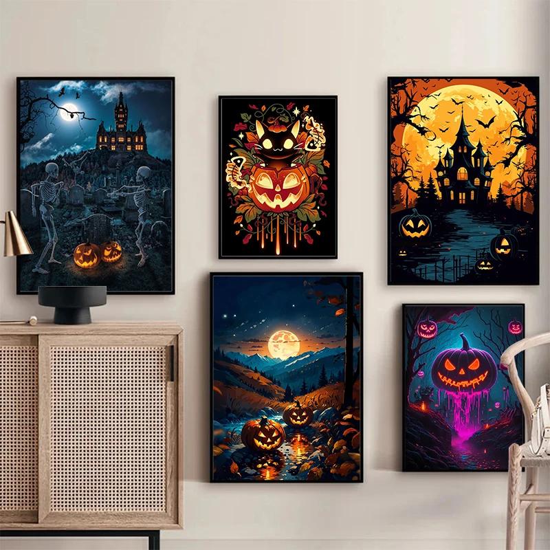 A Classic Vintage Wall Art Pumpkin Black Cat Ghost Painter Halloween Night, Printed Poster, Home Living Room Bedroom Decoration
