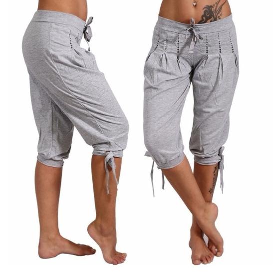 Women Casual Low Rise Drawstring Rhinestone Pleated Sports Cropped Pants Shorts