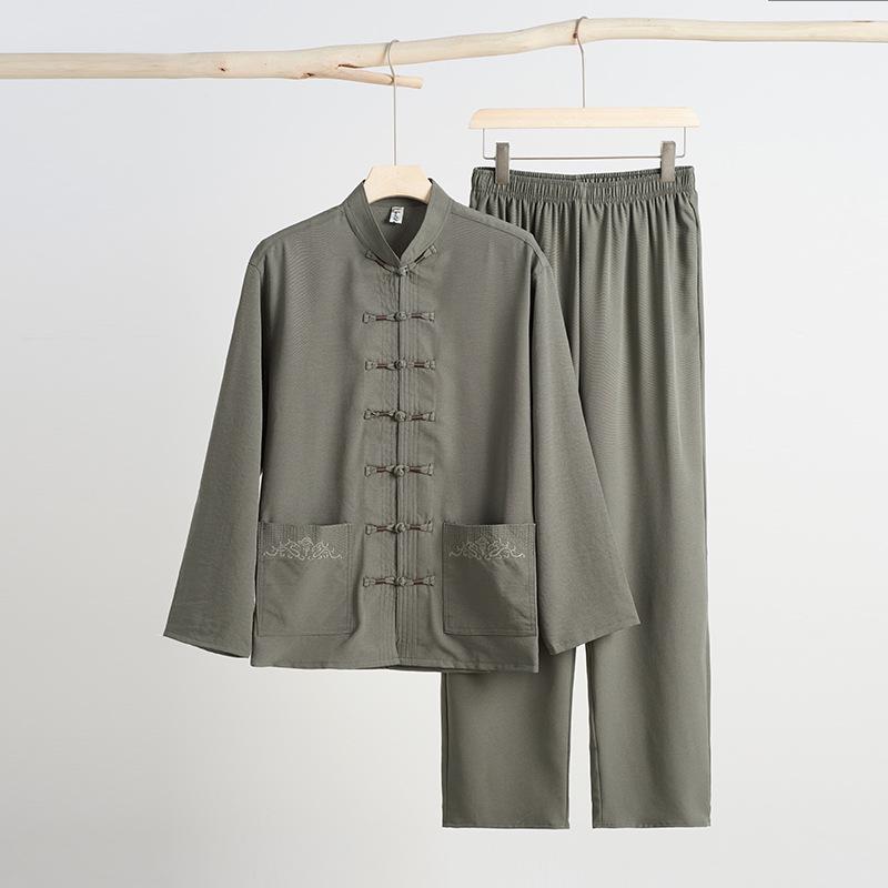 Autumn Solid Color Tang Suit for Middle-Aged & Elderly Men: Loose Fit, Large Size, Perfect for Morning Exercise & Daily Casual Wear