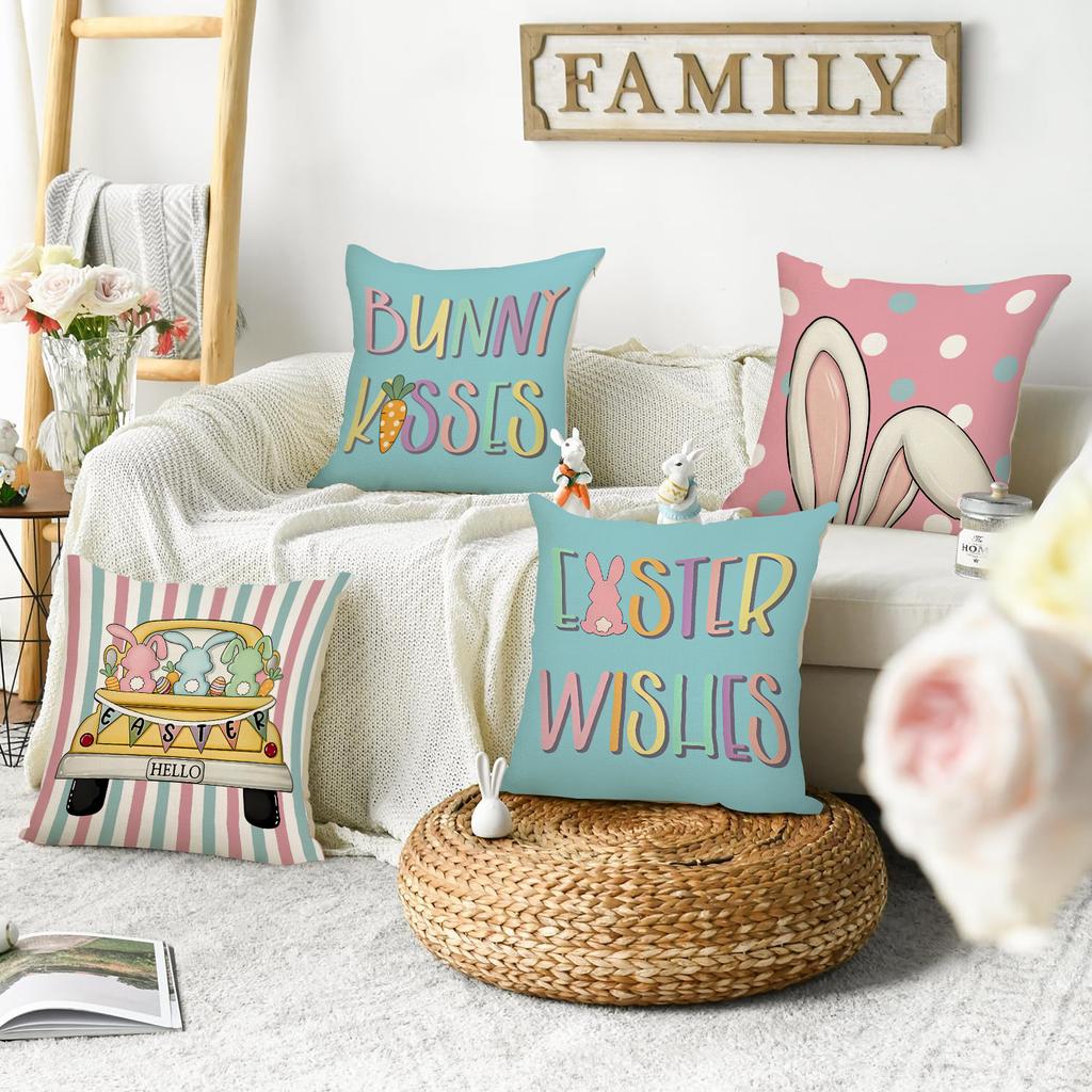 4Pcs Spring Easter Happy Pillowcase, Cute Rabbit, Plant Flowers, Easter Egg Print Home Decoration Farmhouse Sofa Cushion Cover