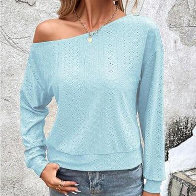 2023 sexy diagonal gola de ombro blusa feminina casual cor sólida outono manga longa topos oco solto camisas simples 28755