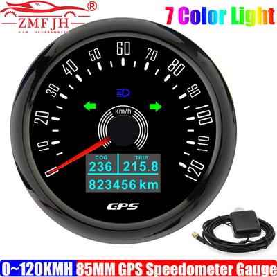 ZMFJH 7 Color LED 85MM GPS Speedometer Gauge with Antenna Auto 0-120KMH SpeedMeter High Beam Turn Light COG TRIP ODO Odometer