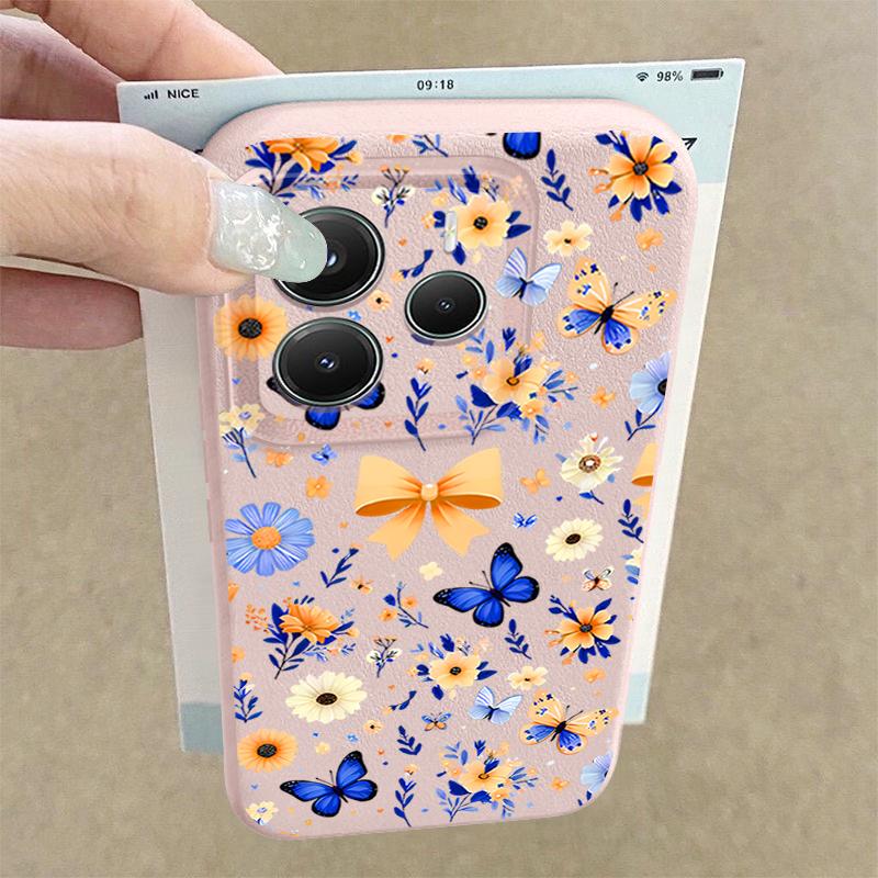 Blue Butterfly Floral Pattern Case For Xiaomi 14T 13T 11T Pro Funda Redmi Note 14 13 12 11 Pro 5G 4G Leather Texture Silicone Cover