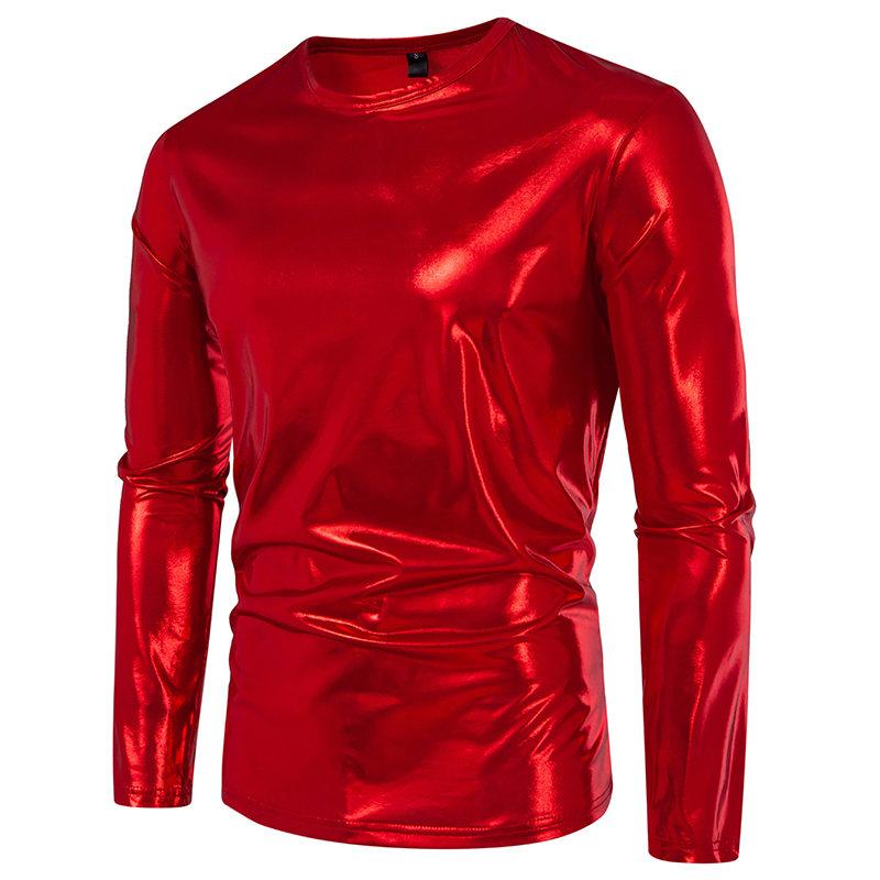 Cozy Up Men's Party Stage Glossy Long-sleeved Round Neck T-shirt