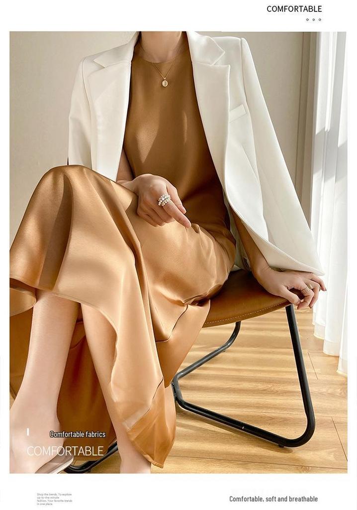Abito Canottiera Estivo da Donna in Raso di Seta - Imitazione Seta di Gelso, Scollo Rotondo, Senza Maniche, Linea ad A, Vita Alta, Lungo
