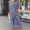 Lightweight Summer Dress Women Striped Print Color Matching V Neck Short Sleeves Loose Lady Maxi A-line Side Split Commute Casual Long Sleeve