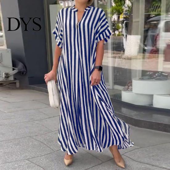 Lightweight Summer Dress Women Striped Print Color Matching V Neck Short Sleeves Loose Lady Maxi A-line Side Split Commute Casual Long Sleeve