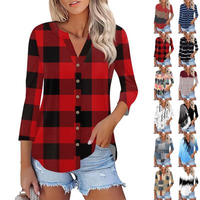 Women's Button Down Cardigan T Shirts 3/4 Sleeve V Neck Tees Casual  Fashion Printed T-shirt Tops
