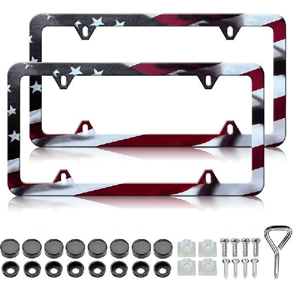 American Flag License Plate Frame Holder - 2 Pack Universal Aluminum Matte Stripe US Flag Gloss Patriotic Car Plate Frame Covers With Free Screws