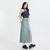 Vintage High Waist Denim Midi Skirt Split A-line Hip Wrap Casual Women