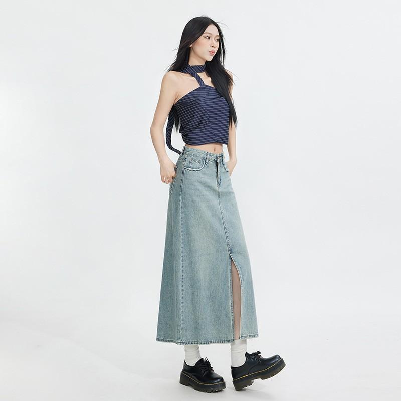 Vintage High Waist Denim Midi Skirt Split A-line Hip Wrap Casual Women