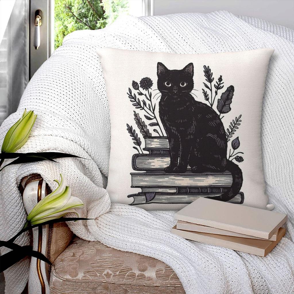 Black Cat And Books Square Pillowcase Polyester Linen Velvet Printed Zip Decorative Throw Pillow Case Home Cushion Cover 45X45