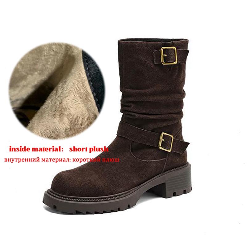 

Krazing Pot Cow Suede Nubuck Winter Round Toe Western Boots Med Heels Slip on Metal Buckles Women Mid-calf Boots 42