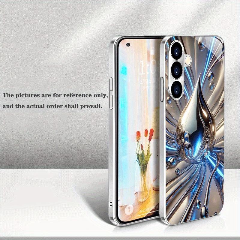 Blau-Silber Flüssiger Tropfenmuster Galvanisiertes Silbernes Handyhülle Für Samsung Galaxy S25 S24 S23 Ultra Plus FE Gehärtetes Glas Cover