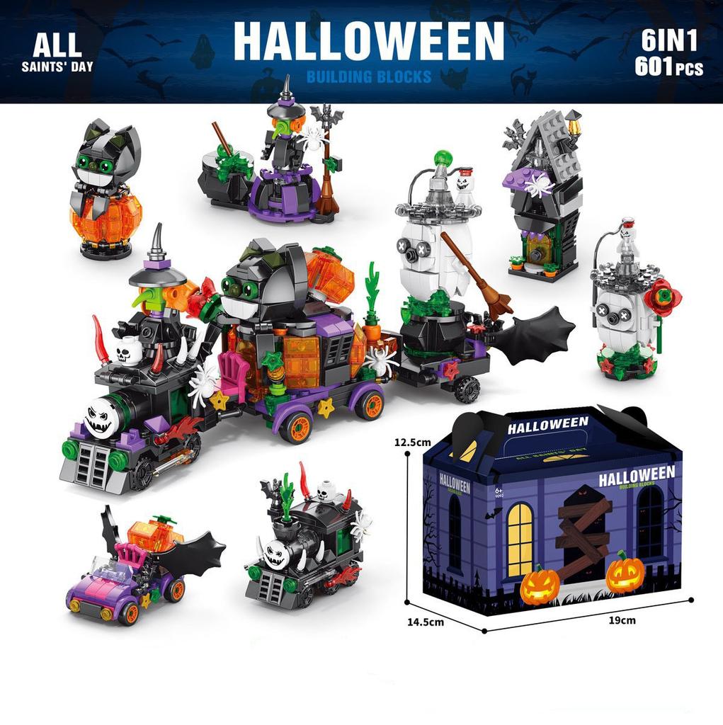6 in 1 Halloween Prank Haunted House Small Particle Building Blocks Set Assembly Model Puzzle Toy Holiday Gifts for Children