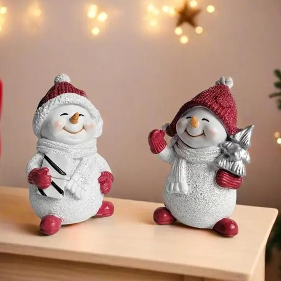 Cute Snowman Statue Gifts 2Pcs Christmas Figurine, Tabletop Decor, Resin Snow with Winter Atmosphere Table Decor Knit Hat Scarf for Home Mantel Window