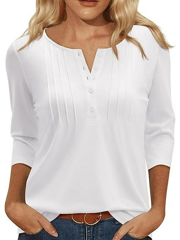 Women's Summer 2025 Fashionable Pleated Mid-Sleeve Top with Low Round Neck.