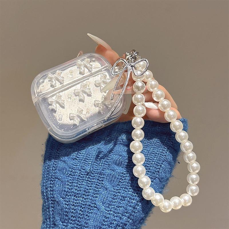Solid Color Bow Tie Pearl Chain Apple Bluetooth Headphone Case For Airpods4 Case Airpodspro3