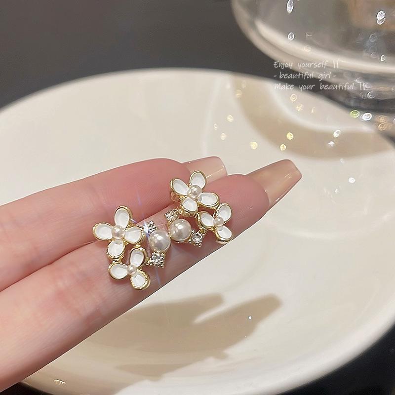 Sterling Silver Bow Gardenia Stud Earrings - Light Luxury Korean Style