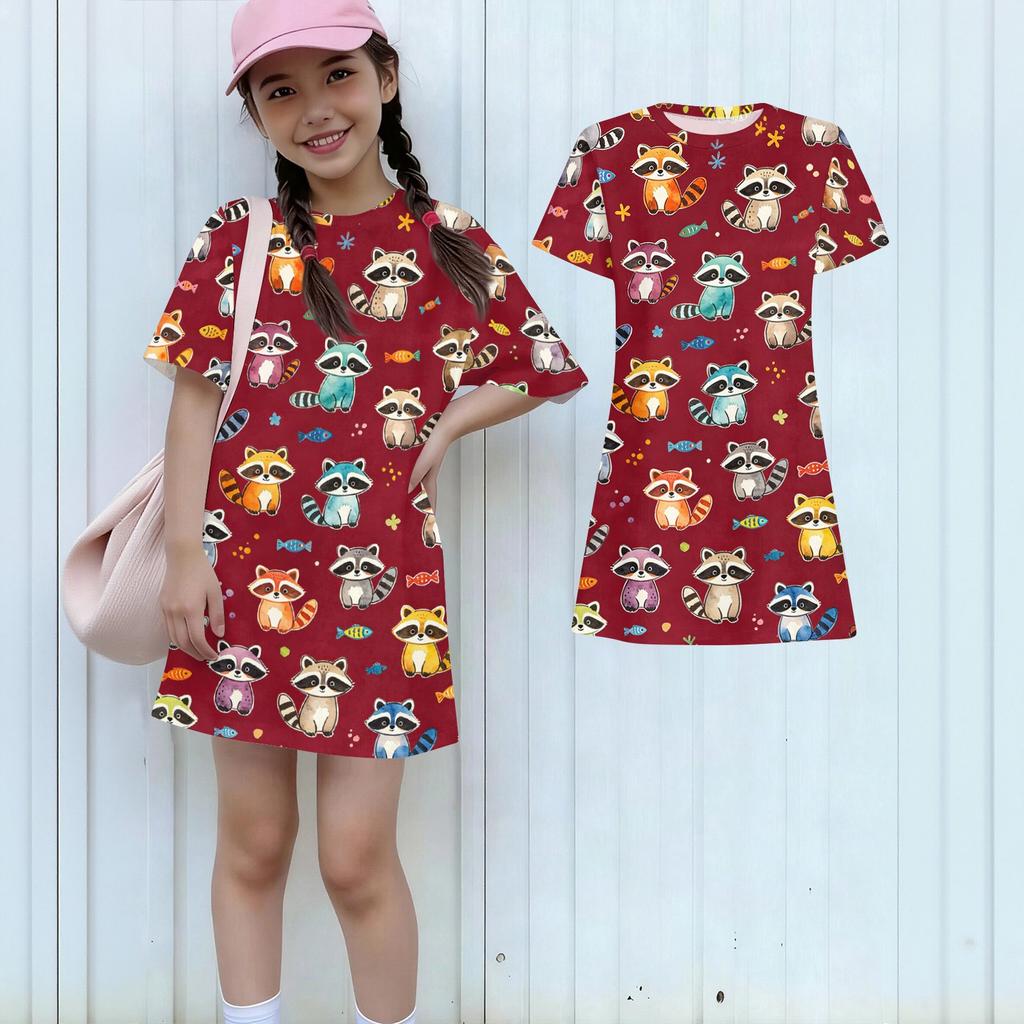 Girls Loose Fit Short Sleeve Dress Lightweight Cotton Animal Print Round Neck Kids Casual Summer Dress for Children