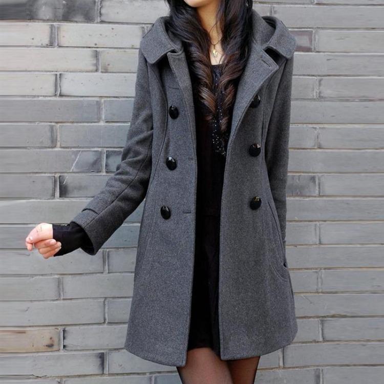 Women Mid Length Hooded Winter Coat Slim Fit Cotton Woolen Thick Warm S