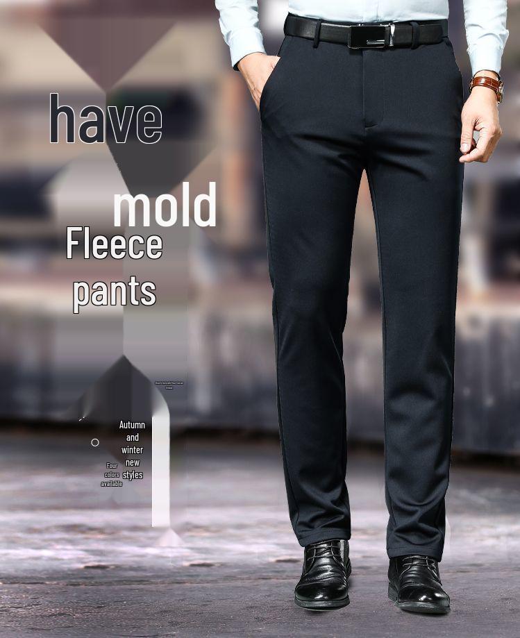 Romon Men's Fleece-lined Straight-leg Casual Pants - High Elastic, Iron-free, Thickened for Autumn/Winter.