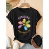 Women's Elegant Short-Sleeve Gift with Rainbow Daisy Positive Energy Quote Print Pattern and Vintage Round Neck T Fresh and Natural Style