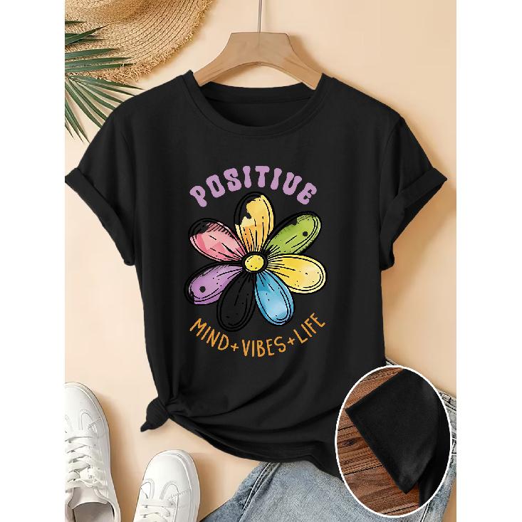 Women's Elegant Short-Sleeve Gift with Rainbow Daisy Positive Energy Quote Print Pattern and Vintage Round Neck T Fresh and Natural Style