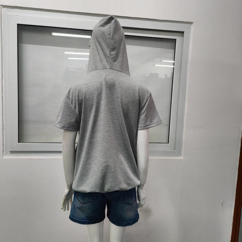 Women's summer cat face fish bone print loose large pocket short-sleeved hooded T-shirt