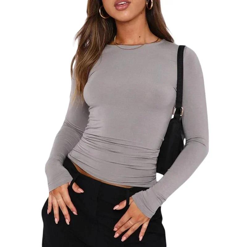 Mode Oansatz Tees Streetwear Tops Frauen Einfarbig Slim Fit Einfache T-shirts Frühling Herbst Casua Langarm T-shirts 30423