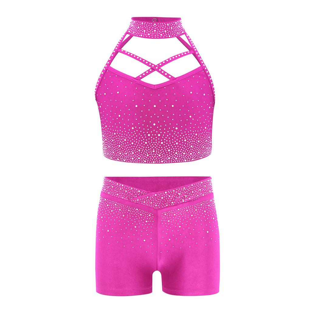 Dívčí gymnastický taneční set Bez rukávů Křížení vpředu Třpytivý crop top s kamínky Elastické šortky v pase