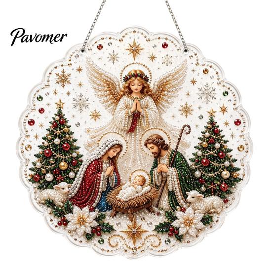 Religiöse Feiertagsdekorationen Weihnachten Perlmuttmalerei Sonnenfänger-Set, 3D Krippe/Weihnachtsmann/Vogel/Baum Festliche Heimdeko Akzente Perlen
