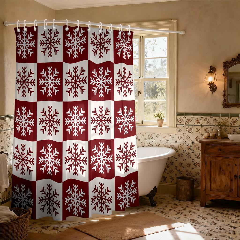 1pc Christmas Red Snowflake Print Waterproof Shower Partition Privacy Hanging Curtain 12 Hooks Multi Size Decoration