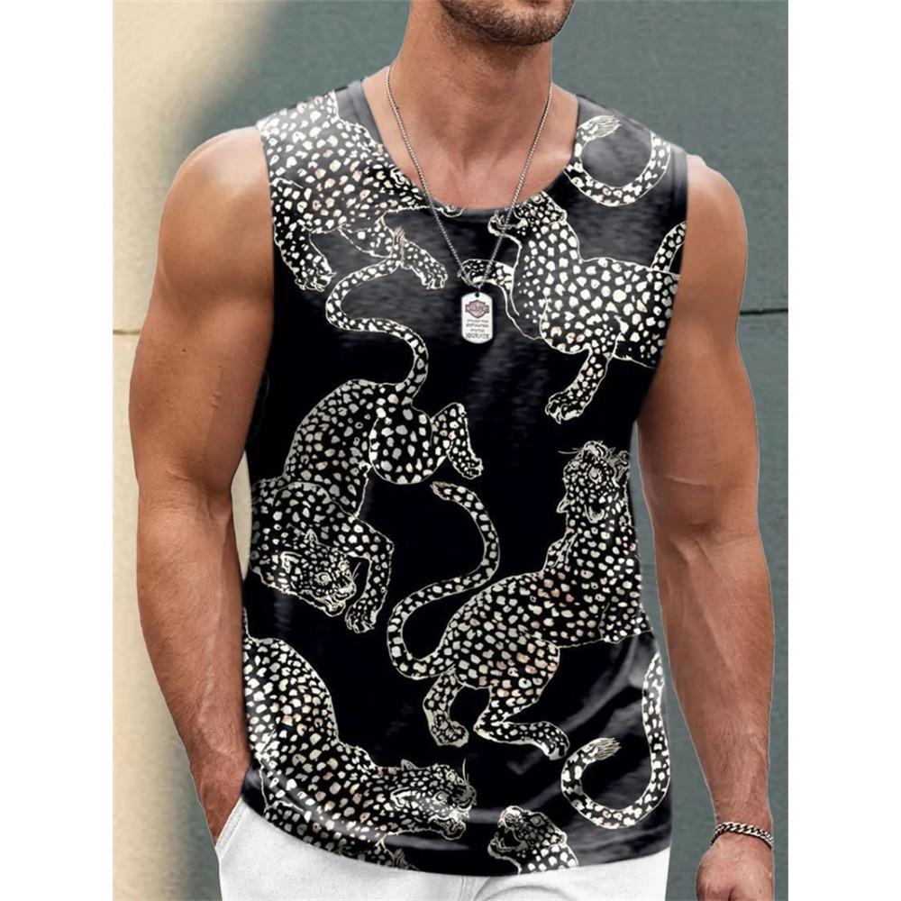 Modne topy bez rękawów w panterkę dla mężczyzn, letnie, modne, bez rękawów, z nadrukiem 3D, streetwear, kamizelki, fajne, oversize, oddychające koszulki topy