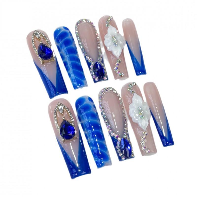 Medium-Long Water Pipe Nail Tips With Ice-Transparent French Design Gradient Snake Skin Handmade Press-On Acrylic Nails