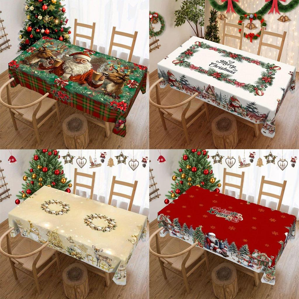 Christmas Tablecloth Digital Print - Winter Snowman Reindeer Xmas Tree Dining Table Festival Decor Table Cover