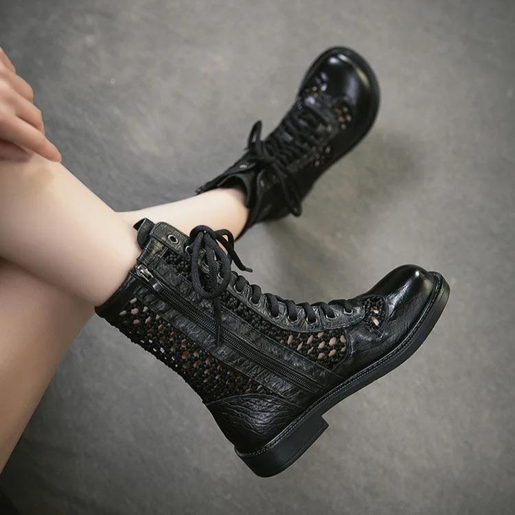 Johnature Retro Genuine Leather Hollow-out Breathable Summer Mid-calf Boots Versatile Fashion Women's Shoes