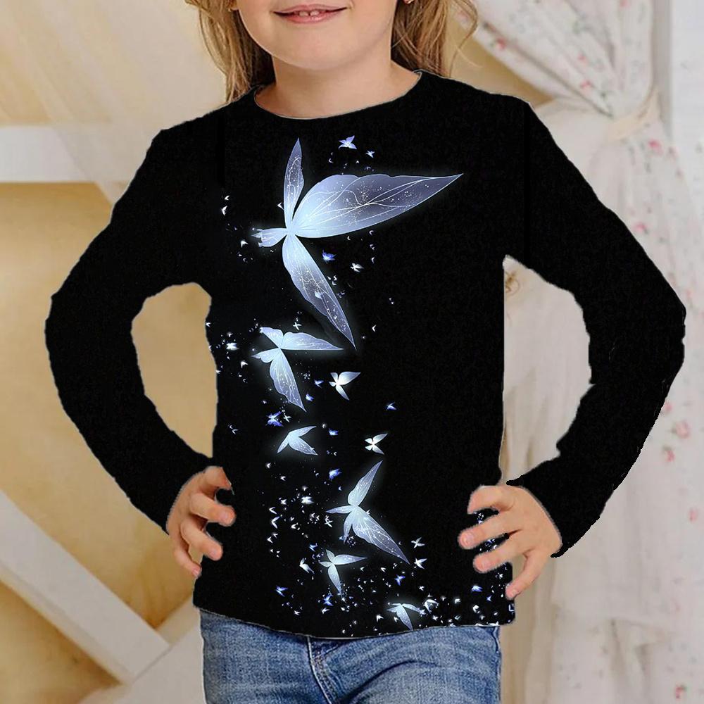 Spring and Autumn Round Neck Butterfly Pattern 3D Printed Top Fashionable Casual Long Sleeved Children's Girl T-shirts